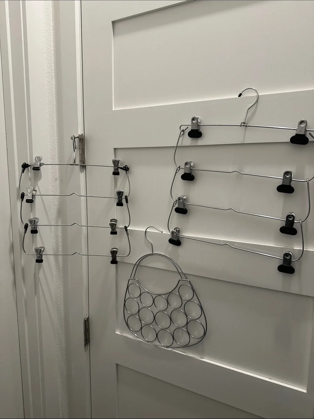 3pc Chrome Closet Organizer Lot: Two 4-Tier Pant Hangers & Scarf/Tie/Belt Holder